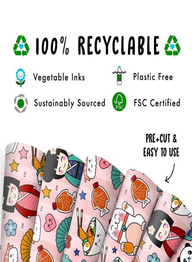 CENTRAL 23 Girls Wrapping Paper Birthday - 6 Sheets of Pink Gift Wrap - Cute Japanese Character - For Women Friends Her - Sushi Ramen - Comes with Fun Stickers - Image 3